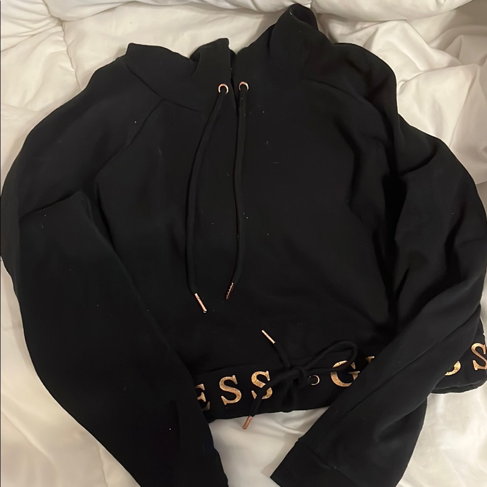 Guess Black and Gold Cropped Hoodie Sweatshirt Sweater Jacket Drawstring